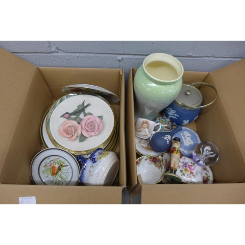 1040 - Two boxes of mixed china; Wedgwood Jasperware, Royal Crown Derby, Sylvac vase, a/f, Royal Albert Old... 