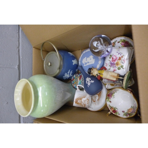 1040 - Two boxes of mixed china; Wedgwood Jasperware, Royal Crown Derby, Sylvac vase, a/f, Royal Albert Old... 