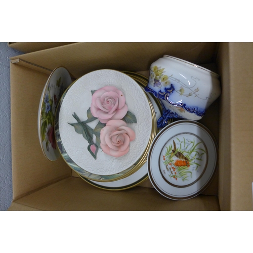 1040 - Two boxes of mixed china; Wedgwood Jasperware, Royal Crown Derby, Sylvac vase, a/f, Royal Albert Old... 