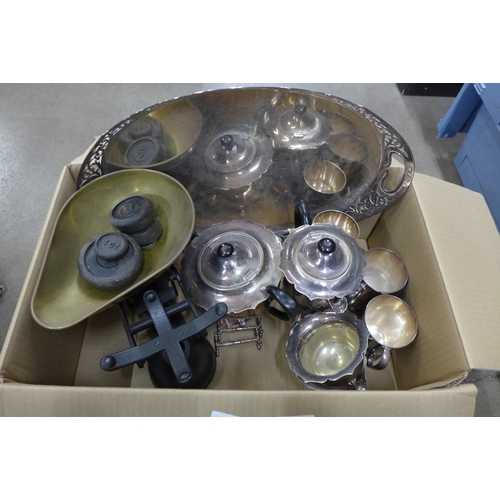 1041 - A set of Salter kitchen scales and weights, a four piece silver tea service, plated two handled tray... 