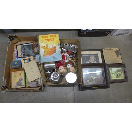 1049 - Two boxes of assorted items, oak framed pictures, tins, dominoes, etc. **PLEASE NOTE THIS LOT IS NOT... 