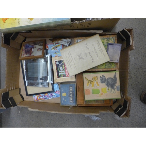 1049 - Two boxes of assorted items, oak framed pictures, tins, dominoes, etc. **PLEASE NOTE THIS LOT IS NOT... 