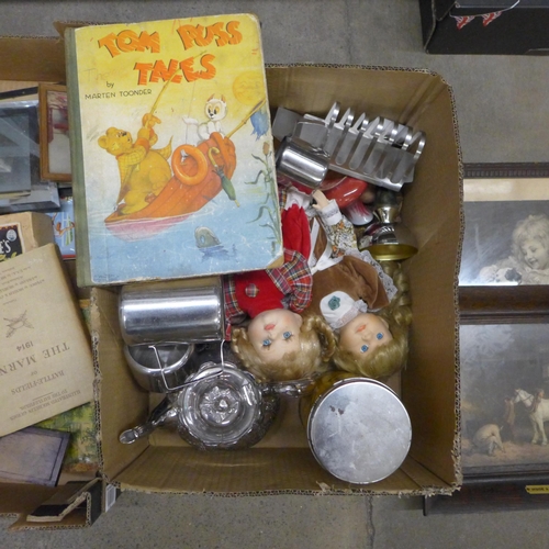 1049 - Two boxes of assorted items, oak framed pictures, tins, dominoes, etc. **PLEASE NOTE THIS LOT IS NOT... 