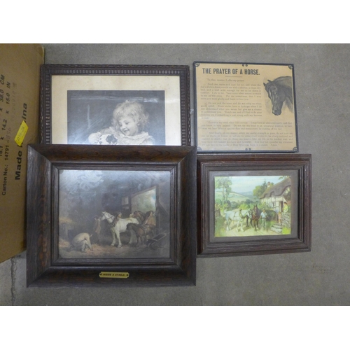 1049 - Two boxes of assorted items, oak framed pictures, tins, dominoes, etc. **PLEASE NOTE THIS LOT IS NOT... 