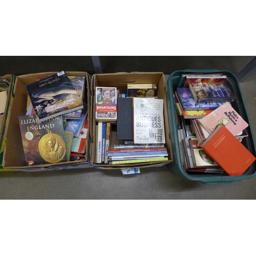 1053 - A large collection of books, travel, history, textbooks, paperback novels and two boxes of Antique a... 