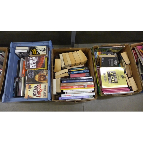 1053 - A large collection of books, travel, history, textbooks, paperback novels and two boxes of Antique a... 