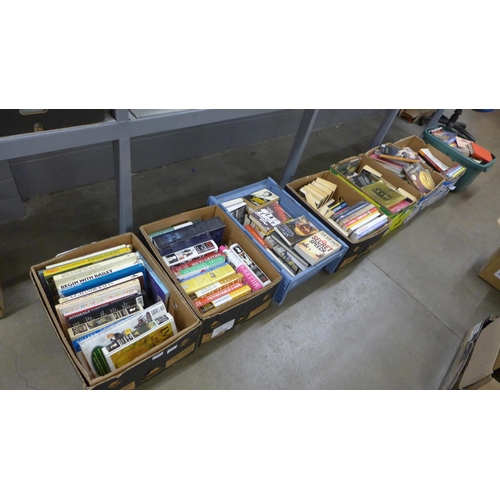 1053 - A large collection of books, travel, history, textbooks, paperback novels and two boxes of Antique a... 