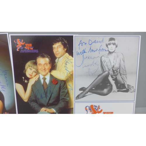 603 - New Avengers, Gareth Hunt x2, Joanna Lumley x2, Patrick McNee autographed promo cards