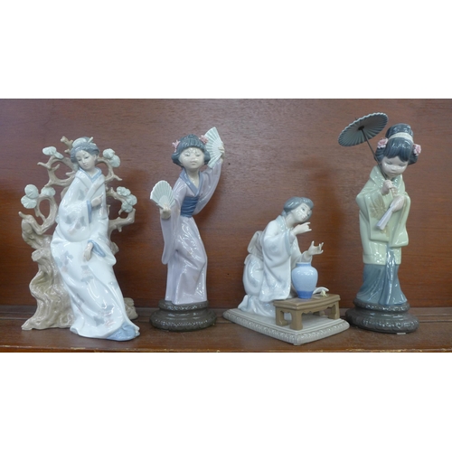 606 - Four Lladro figures of oriental women, two a/f