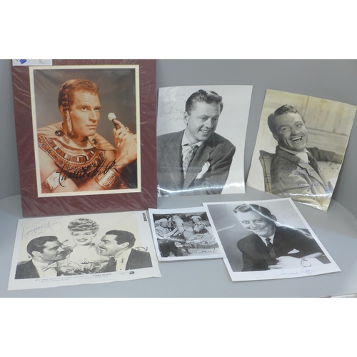 610 - Signed photographs of Mickey Rooney, Red Skelton, Charlton Heston, etc., (6)