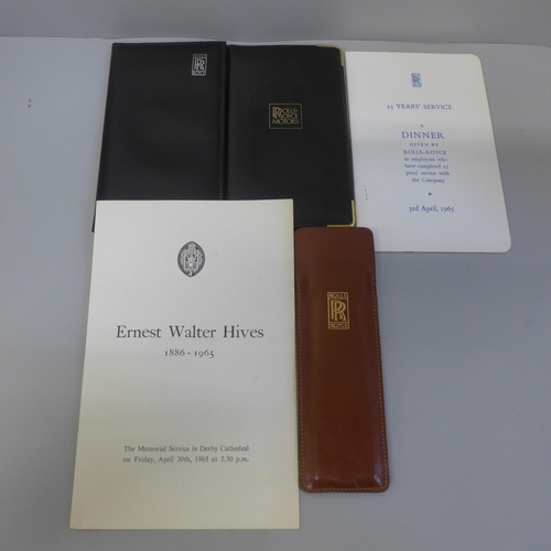 622 - A Rolls-Royce slide rule in leather case, as new, two Rolls-Royce leather note pads, a funeral servi... 