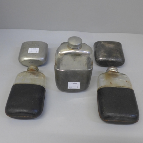 636 - Three hip flasks, two by James Dixon