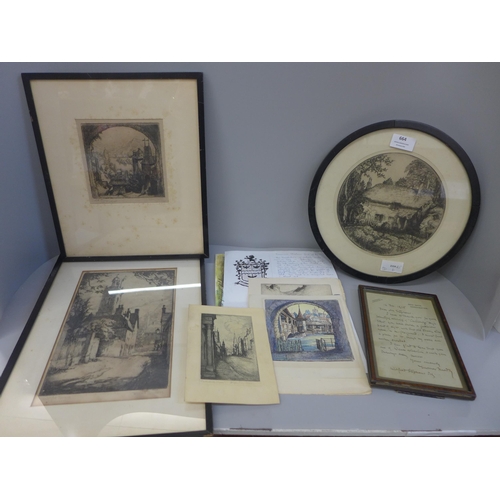 664 - Three Wilfred Stephens etchings, framed, together with one unframed with an accompanying letter from... 