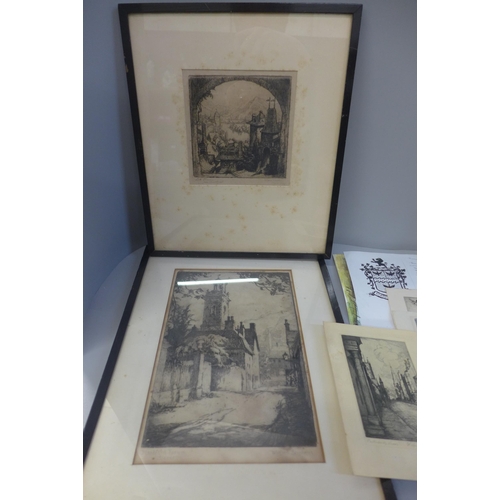 664 - Three Wilfred Stephens etchings, framed, together with one unframed with an accompanying letter from... 