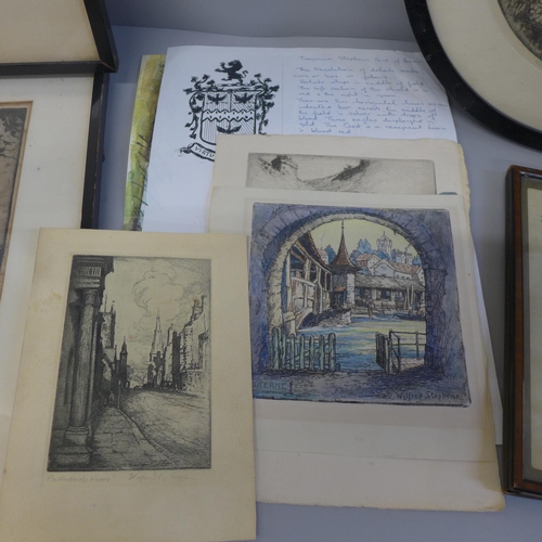 664 - Three Wilfred Stephens etchings, framed, together with one unframed with an accompanying letter from... 