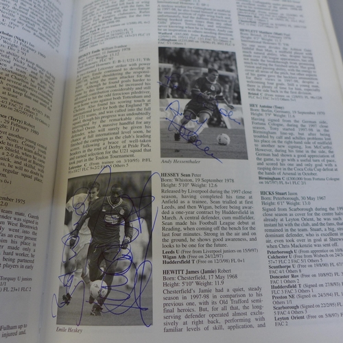 670 - Footballers Fact File 1998-99, with signatures including Berkovic, Colin Cooper, Davenport, Di Canio... 