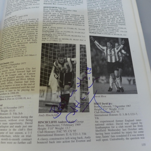 670 - Footballers Fact File 1998-99, with signatures including Berkovic, Colin Cooper, Davenport, Di Canio... 