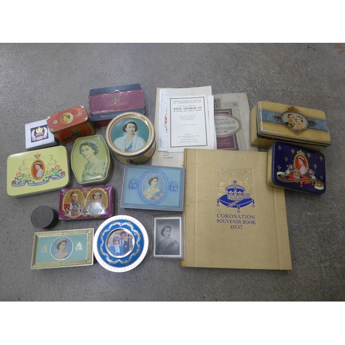 709 - A box of British Royalty commemorative tins, 1953 Coronation, 1937 Coronation and others, some in ve... 