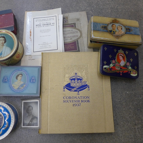 709 - A box of British Royalty commemorative tins, 1953 Coronation, 1937 Coronation and others, some in ve... 