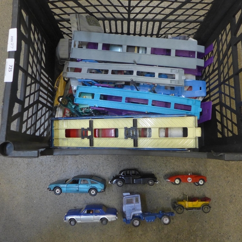 725 - Die-cast model vehicles including four car transporters, three Corgi and one Dinky, cars include Bud... 