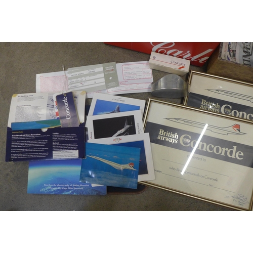 730 - A large collection of Concorde memorabilia, paperweight, Links cufflinks, Fan Club, framed certifica... 