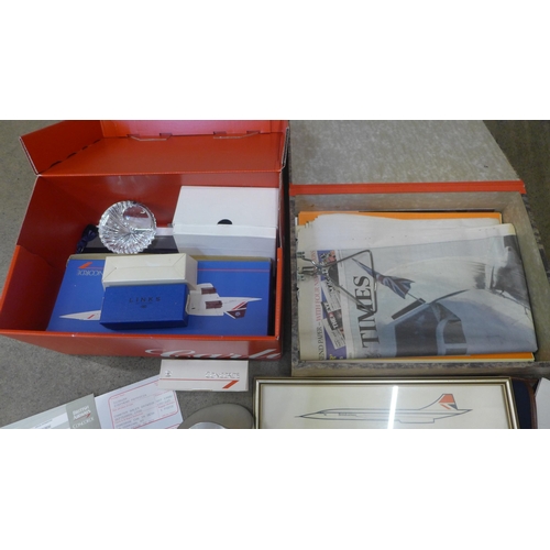 730 - A large collection of Concorde memorabilia, paperweight, Links cufflinks, Fan Club, framed certifica... 