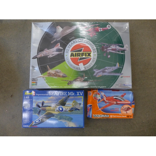 732 - An Airfix 90 Years of Fighters commemorative gift set, an Airfix Red Arrows kit, box a/f, and a Reve... 