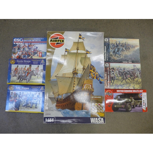 734 - An Airfix Wasa model kit and six small military model kits