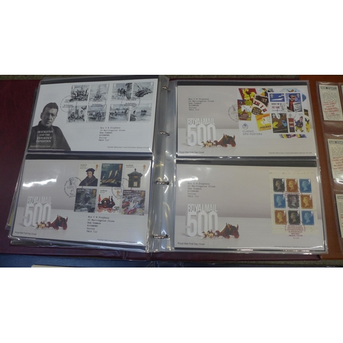 738 - An album of postcards, Twinings 'Stamps' and an album of First Day Covers and two albums of Royal Ma... 