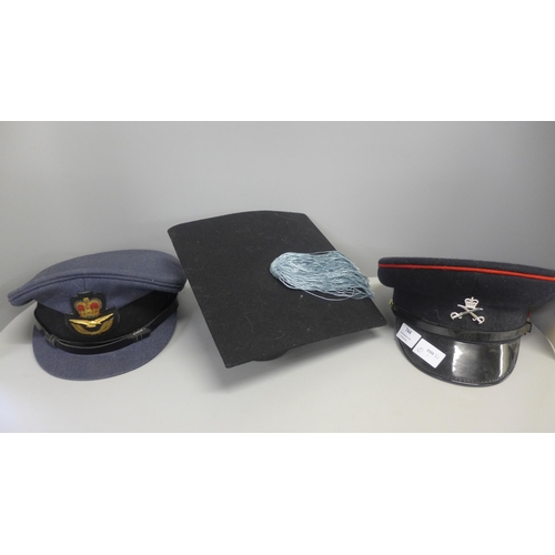 744 - A RAF peaked cap, one other and a mortar board