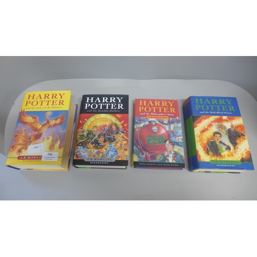 756 - Four Harry Potter hardback novels including three first editions