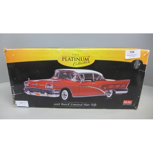 758 - A Sun Star The Platinum Collection 1958 Buick Limited Hard Top model vehicle, boxed