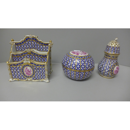 774 - A Dresden shaker, letter holder and spherical jar