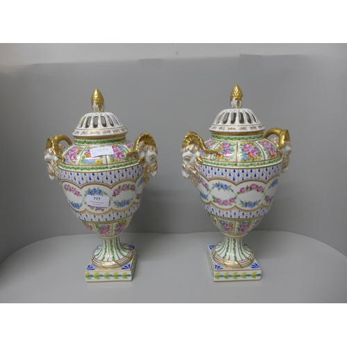 777 - A pair of Dresden lidded vases/pot pourri, 38cm