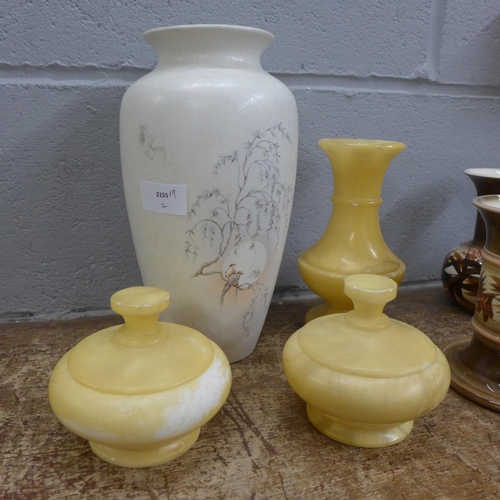 794 - A Poole Pottery Birds of Paradise vase, a yellow soapstone dressing table set and three pieces of Je... 