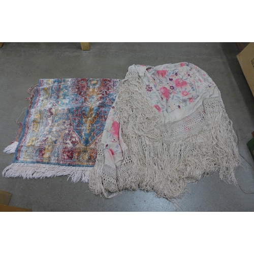 800 - A silk and embroidered shawl and a mat