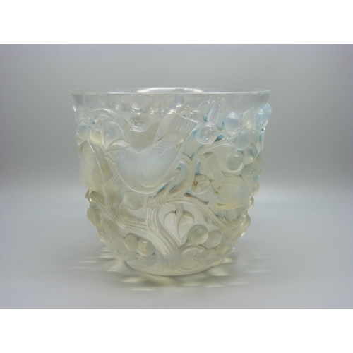 813 - A Lalique opalescent glass vase, signed R. Lalique, France, height 143mm, two small chips on the det... 