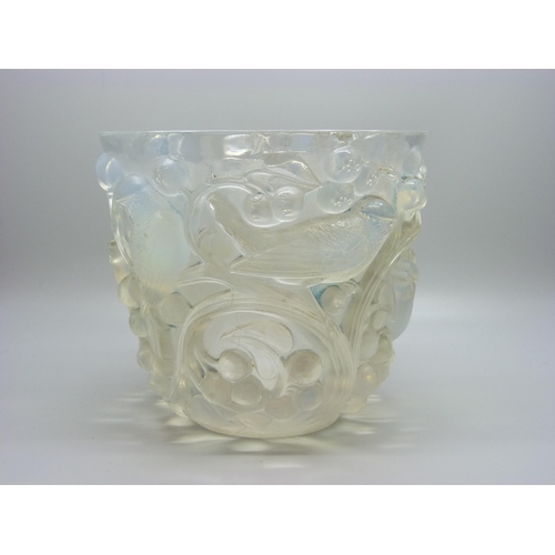 813 - A Lalique opalescent glass vase, signed R. Lalique, France, height 143mm, two small chips on the det... 