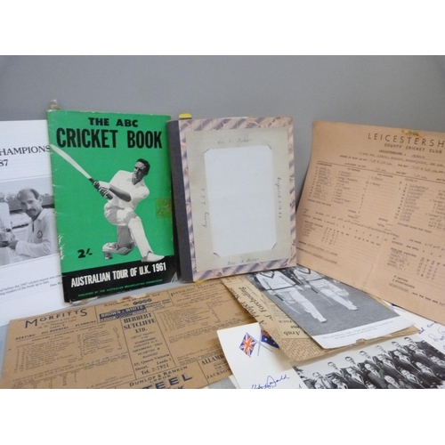 815 - Cricket autographs and ephemera including a book dedicated to the Bedser brothers of England and Sur... 