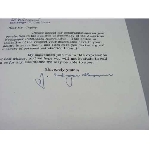 817 - A letter dated 1961 signed by J. Edgar Hoover, with Certificate of Authenticity