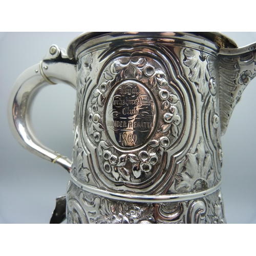 825 - A large George II silver tankard, London 1732, Thomas Mason, 1069g, later added spout with additiona... 