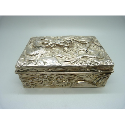 832 - A plated oriental box decorated with dragons, a/f