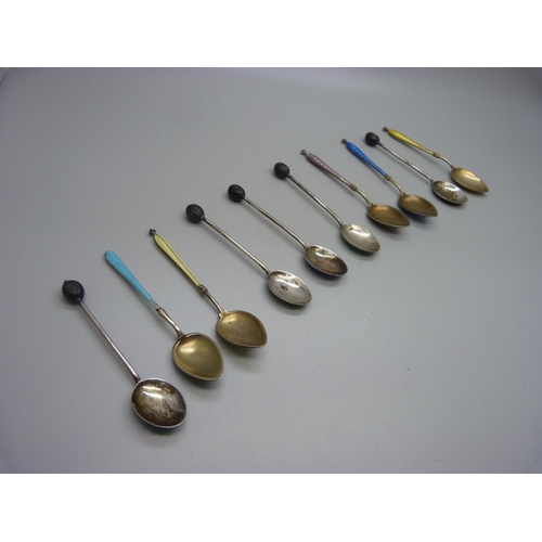 846 - Ten silver and enamel spoons, (5, one a/f, 4, all four a/f, and 1, a/f)