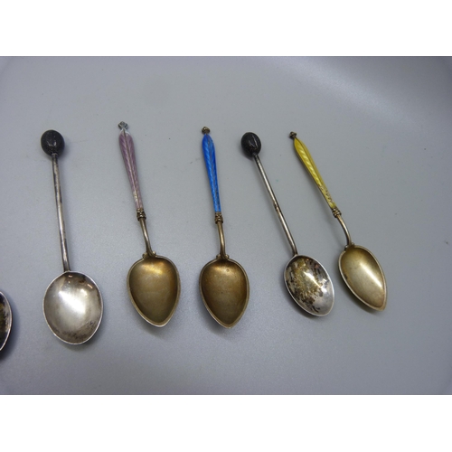 846 - Ten silver and enamel spoons, (5, one a/f, 4, all four a/f, and 1, a/f)