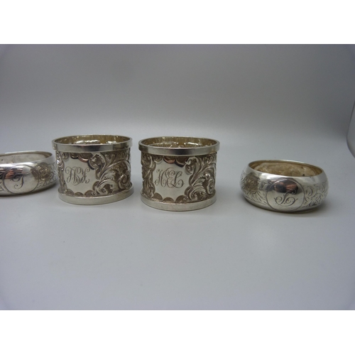 850 - Six silver napkin rings, two pairs and two singles, 118g