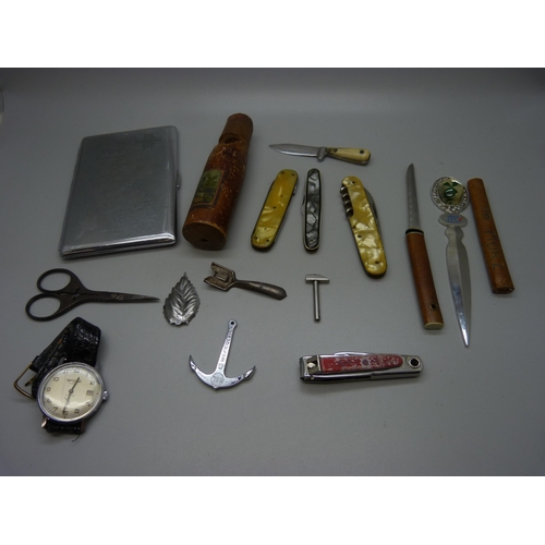 852 - A Malta cigarette case, penknives, Eisenhardt wristwatch, a pair of Georgian scissors, a Rolex adver... 