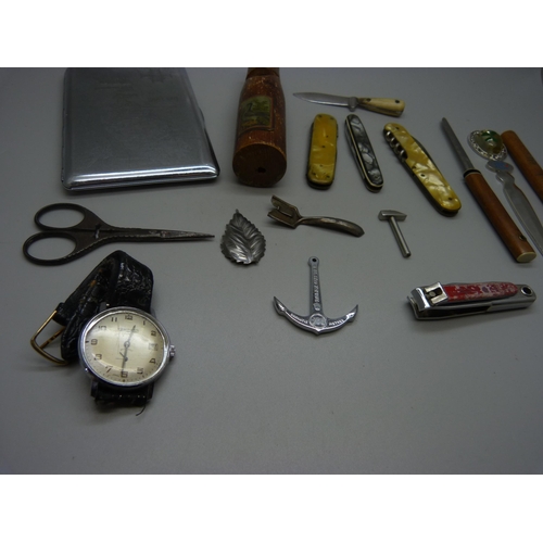 852 - A Malta cigarette case, penknives, Eisenhardt wristwatch, a pair of Georgian scissors, a Rolex adver... 