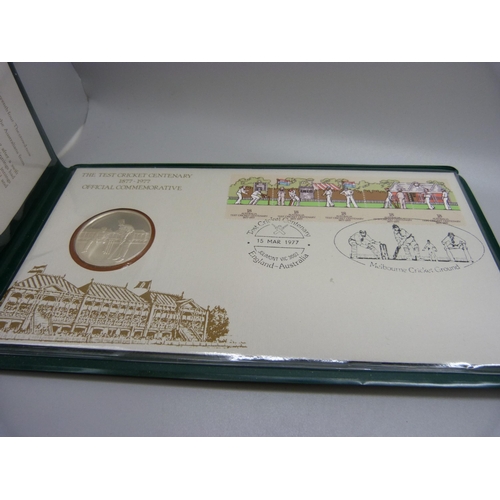 858 - A Royal Mint silver proof Silver Jubilee crown, a Test Cricket Centenary 1877-1977 commemorative coi... 