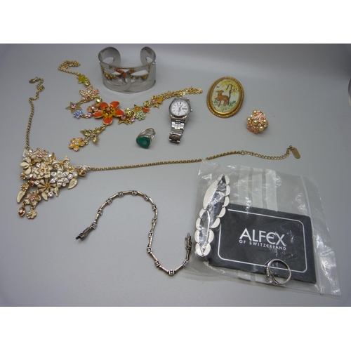 869 - Jewellery including silver bracelet and rings, Alfex of Switzerland watch, etc.