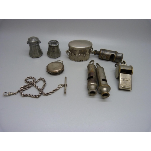 870 - A silver watch chain with metal clip, four whistles including ARP and GPO, jewellery, three pieces o... 